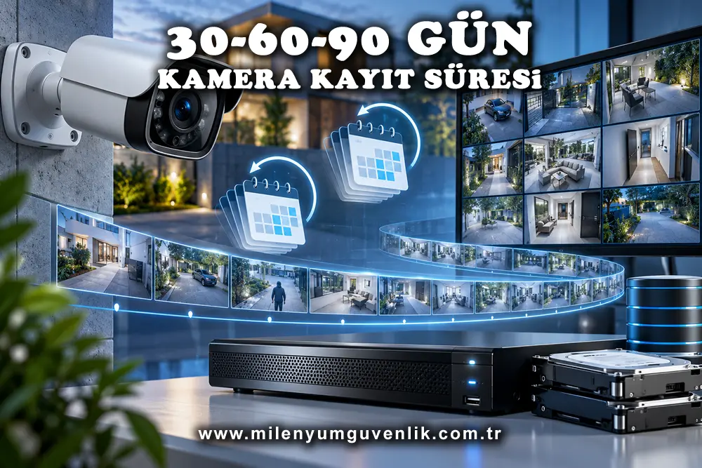 30 ve 90 gün kayıt yapan güvenlik kamerası sistemleri, NVR kayıt cihazı, hard disk ve uzun süreli kamera kayıt arşivi.
