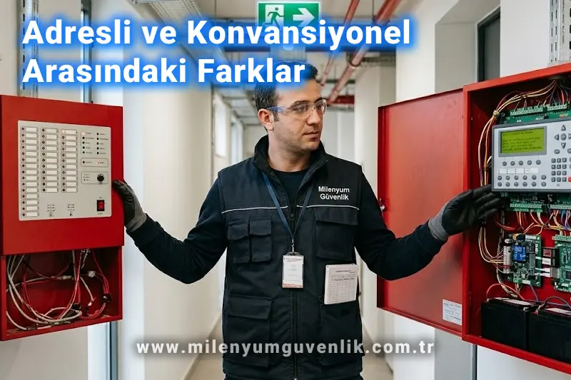 Adresli ve konvansiyonel yangın alarm panelleri ile duman dedektörlerinin karşılaştırmalı görünümü