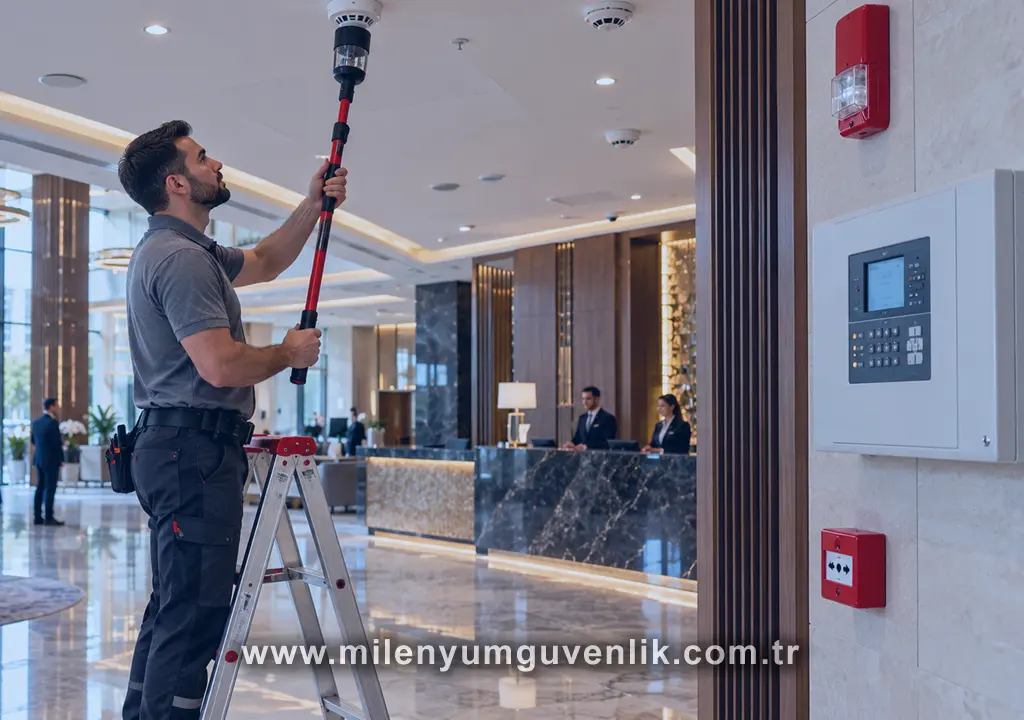 Otelde adresli yangın alarm sistemi ve duman dedektörü testi yapan teknisyen