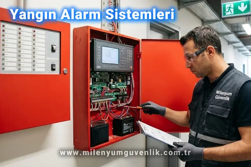 Adresli yangın alarm kontrol paneli, duman dedektörleri ve yangın ihbar butonlarından oluşan yangın algılama sistemi
