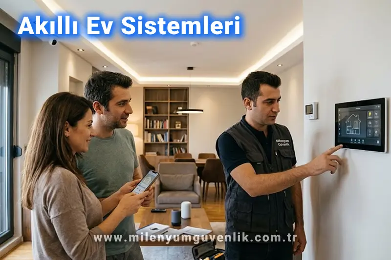 Ev sahibinin yanında akıllı ev sisteminin kullanımını gösteren teknik servis uzmanı ve mobil cihaz üzerinden ev otomasyonu kontrolü