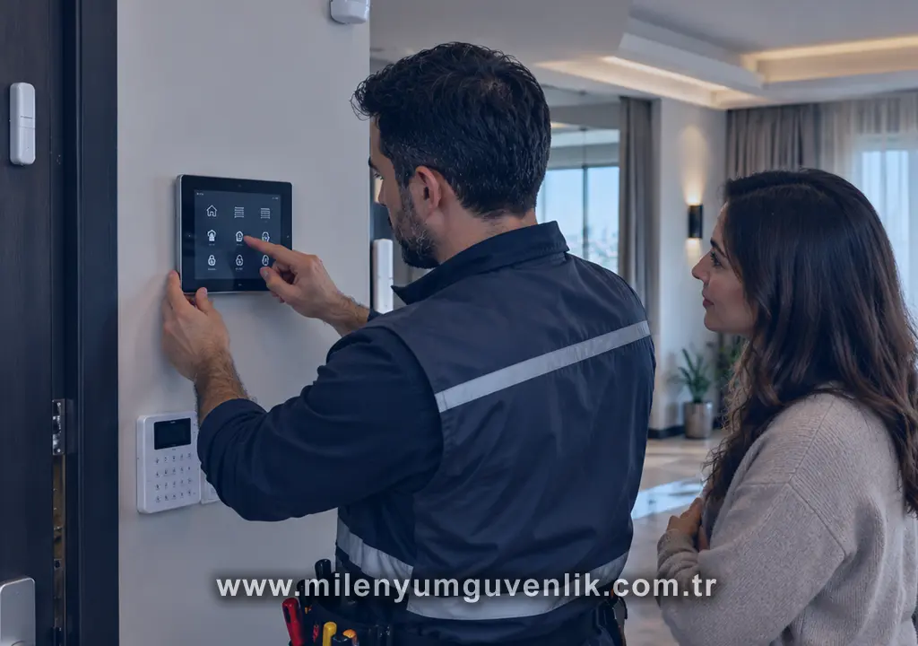 Ev girişindeki duvara monte edilen akıllı ev kontrol panelinin kurulumunu yapan teknik servis uzmanı ve yanında işlemi izleyen kadın ev sahibi