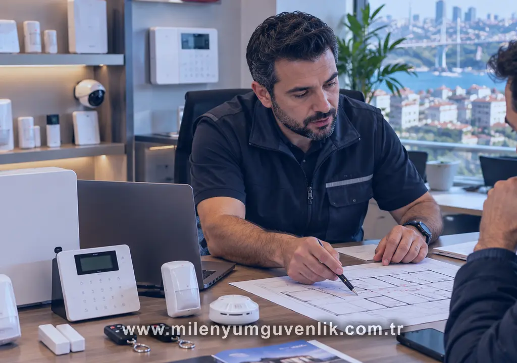 Teknik servis uzmanının müşteriye alarm sistemi modellerini ve teknik dokümanları anlattığı, arka planda hırsız alarm ekipmanlarının bulunduğu güvenlik firması