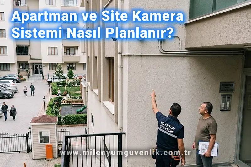 Apartman ve site girişleri, otopark ve ortak kullanım alanlarını izlemek için konumlandırılmış güvenlik kameraları