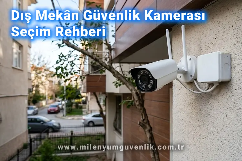 Bina dış cephesine monte edilmiş, gece görüş özellikli ve hava koşullarına dayanıklı dış mekân güvenlik kamerası