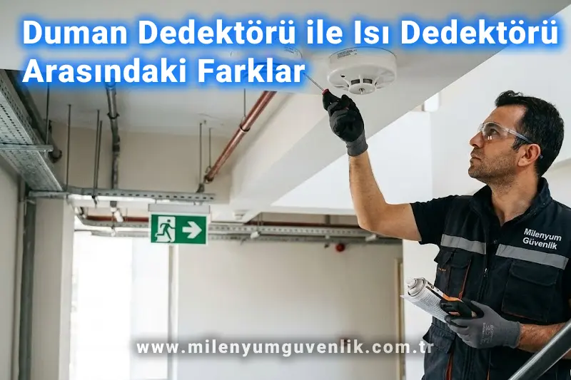 Yangın algılama sistemlerinde kullanılan duman dedektörü ve ısı dedektörünün karşılaştırmalı görünümü