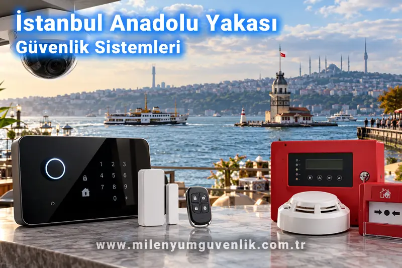 İstanbul Anadolu Yakası manzarası eşliğinde güvenlik kamerası, hırsız alarm sistemi ve yangın alarm paneli
