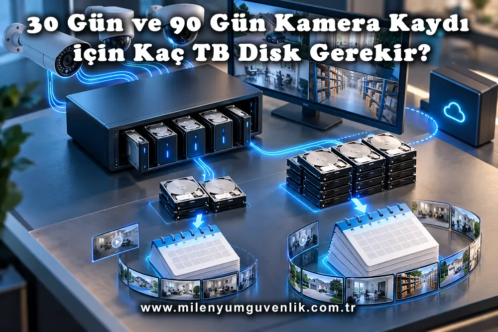 30 ve 90 gün kamera kaydı için gereken TB disk kapasitesi, güvenlik kameraları, NVR kayıt cihazı ve hard diskler.