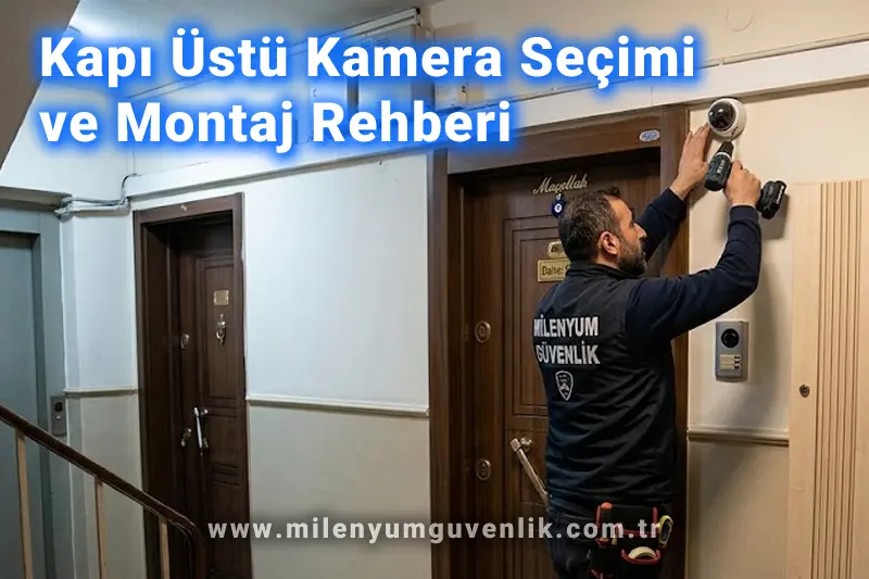 Daire giriş kapısı üzerine monte edilmiş güvenlik kamerası ve kapı üstü kamera montaj uygulaması