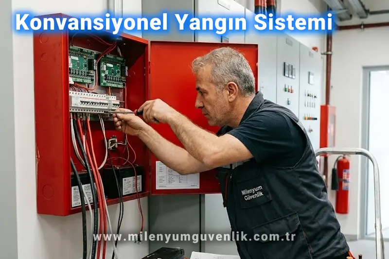 Konvansiyonel yangın alarm kontrol paneli, duman dedektörü, ısı dedektörü ve manuel yangın ihbar butonu